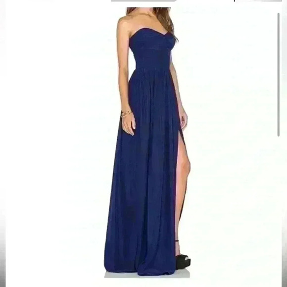 AMANDA UPRICHARD GISELE NAVY BLUE SILK MAXI DRESS GOWN STRAPLESS - Picture 3 of 10